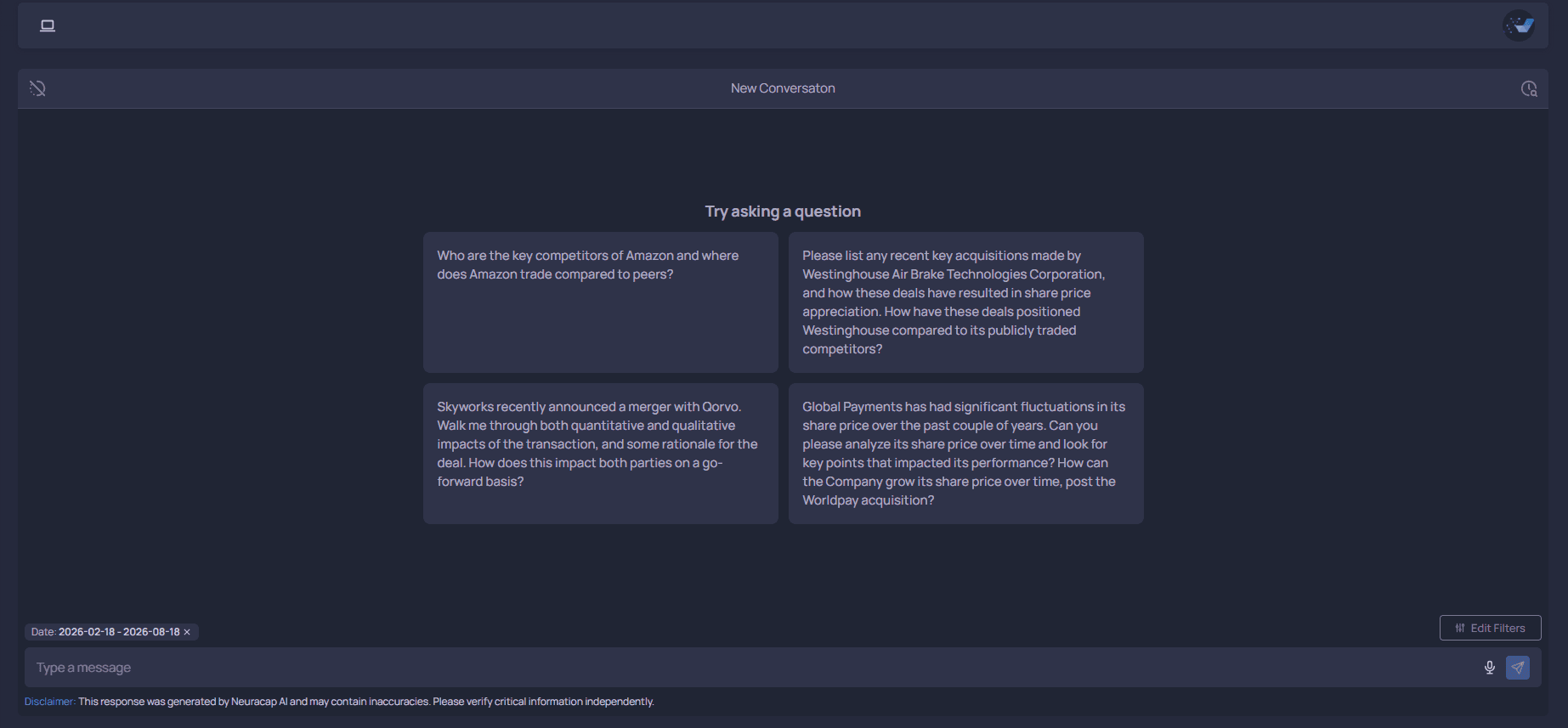 NeuraCap Financial Assistant interface for company and financial questions.